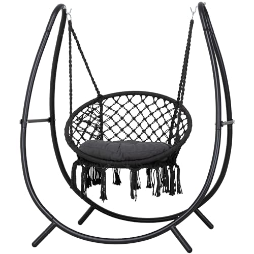 ANOW Macrame Hammock Chair with Stand for Outside, Heavy Duty Hanging Chair Stand with Swing Chair, Includes Seat Cushion, Max 400 Lbs, Natural