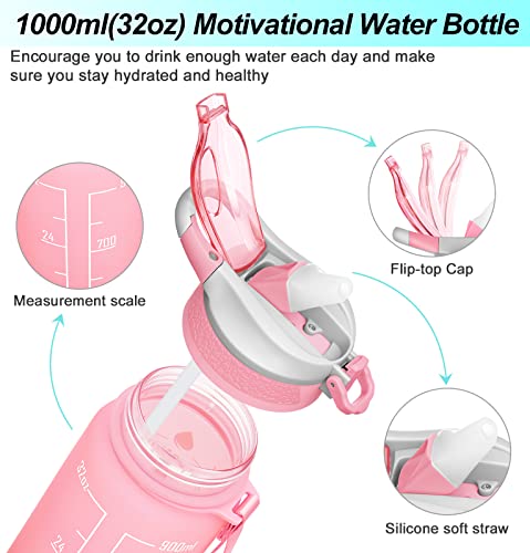 32oz Leakproof Motivational Sports Water Bottle with Straw & Time Marker N554027
