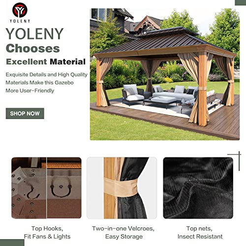 YOLENY 10' x 12' Hardtop Gazebo with Galvanized Steel Double Roof, Netting and Curtains Y84317