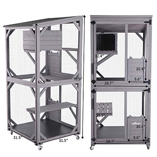 Aivituvin Outdoor Catio Wooden Large Enclosure with Wheels, Waterproof Roof Grey F897658