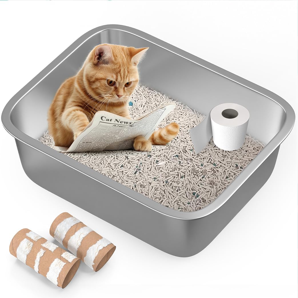 Stainless Steel Litter Box with High Sides and Non-Slip Pads L656059