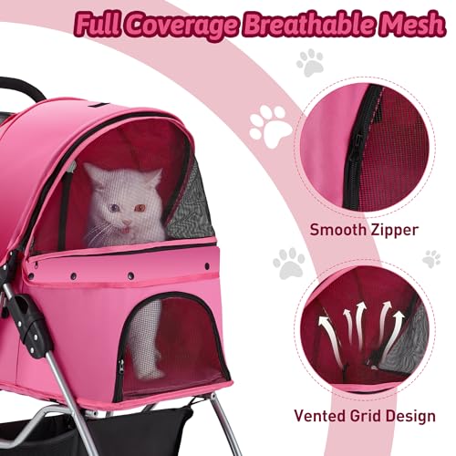 Pet Stroller 4 Wheels Folding Dog Cat Carrier with Storage Basket, Purple Y61406