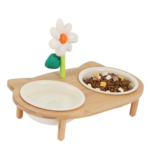 Elevated Cat Ceramic Bowls Stand, Small Dog, Anti Vomit, Tilted Feeding Position, Full Bamboo Body Stand with Decorate Flowers, Raised Food Feeding Dishes for Cats and Puppy (L-Beige)
