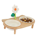 Elevated Cat Ceramic Bowls Stand, Small Dog, Anti Vomit, Tilted Feeding Position, Full Bamboo Body Stand with Decorate Flowers, Raised Food Feeding Dishes for Cats and Puppy (L-Beige)