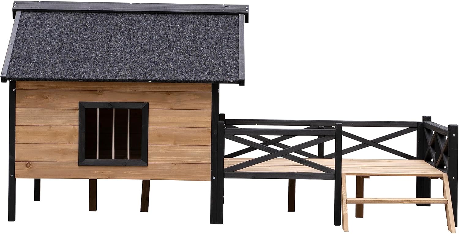 Rustic Wooden Dog Kennel with Porch, Outdoor Cabin Style, Kiln-Dried Fir Wood E59517