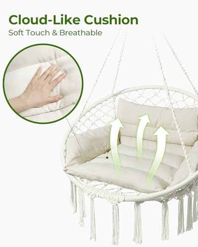 Greenstell Hammock Chair, Macrame Swing Chair with Cushion, Indoor & Outdoor, Beige G7957