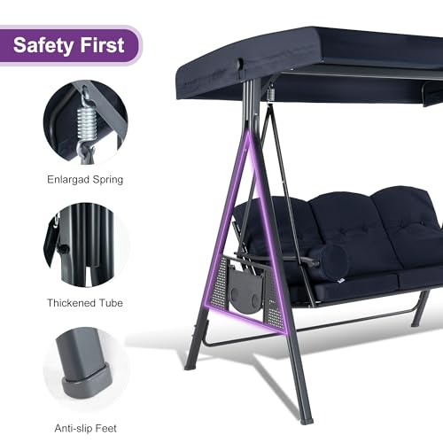 PURPLE LEAF Outdoor Patio Porch Swing with Adjustable Canopy, 3-Seat Bench, Grey W393