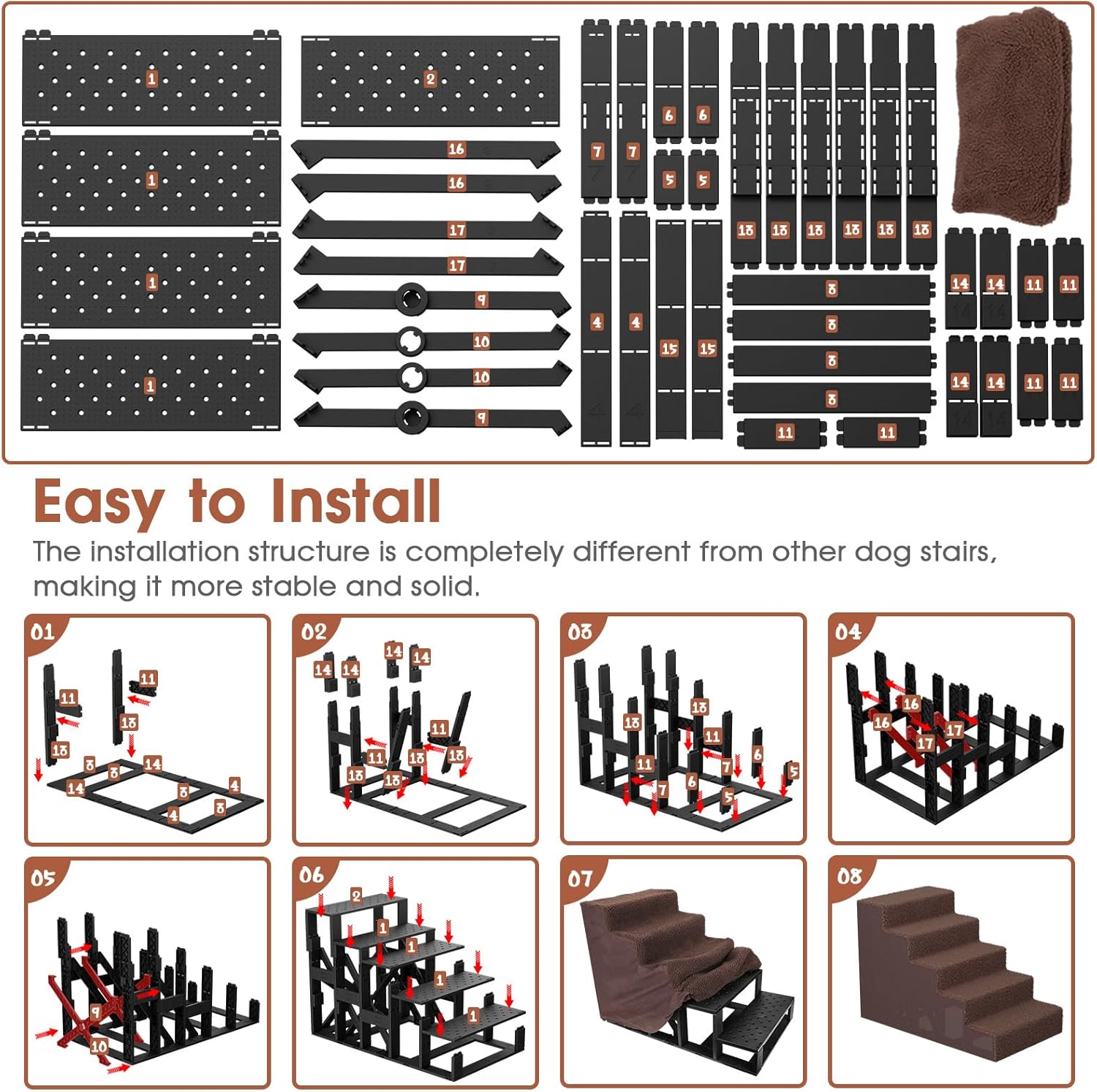 Upgrade Plastic Dog Stairs 5 Tiers for Couch, Non-Slip Pet Steps with Washable Cover Z82136