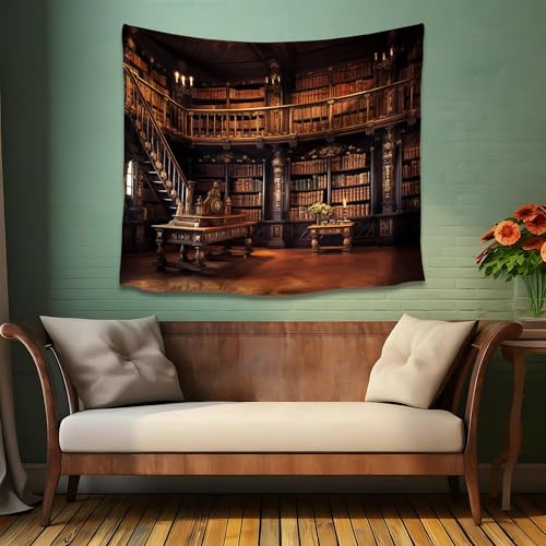 QGHOT Medieval Bookshelf Tapestry Vintage Library Wall Hanging P36533