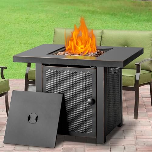 32 Inch Propane Fire Pit Table with 2 Drink Holders, Lid & Lava Rock V846641