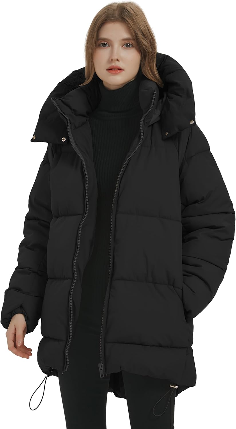 Womens Winter Hooded Quilted Puffer Jacket Mid-Length Black O138