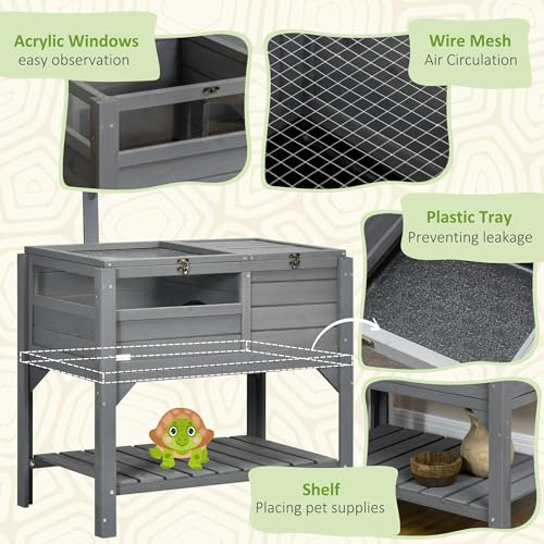 PawHut Tortoise Habitat with Shelf Storage, Weather Protection, Gray J8632