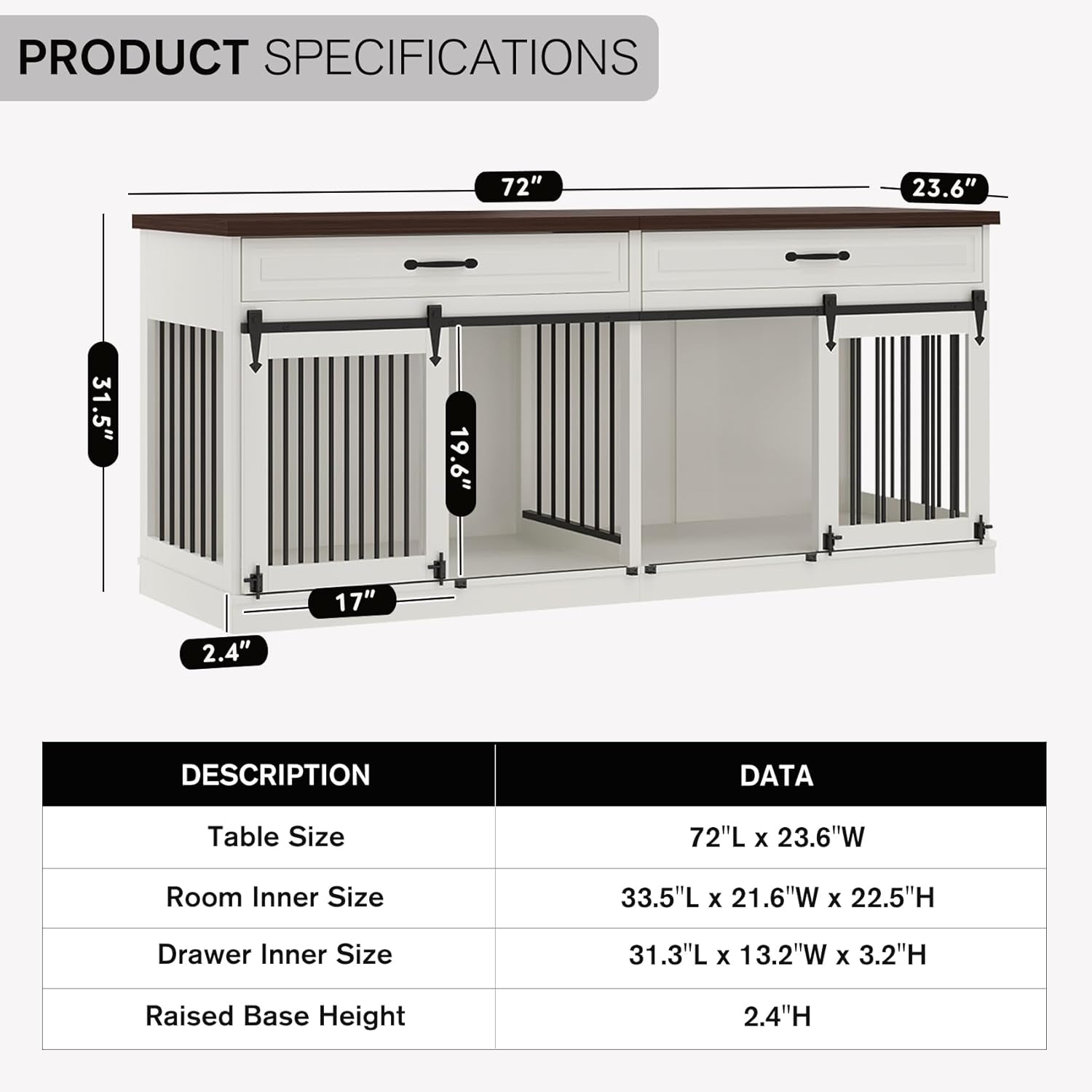 Farmhouse Wooden Dog Crate Furniture with Sliding Barn Doors, White M2281