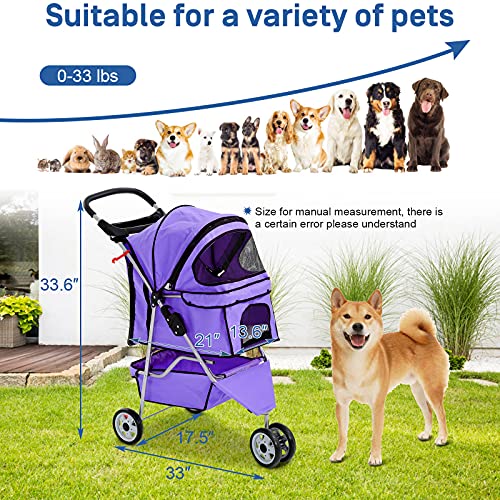 3 Wheels Pet Stroller for Dog Cat, Lightweight Foldable Jogger with Cup Holders, Pink K1046