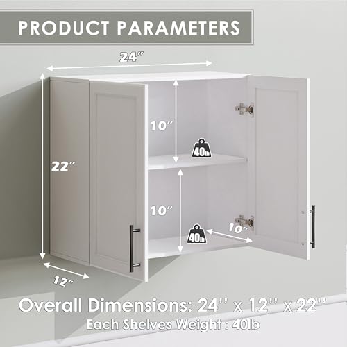 Wall Storage Cabinet with Two Shaker Doors and Shelf, Grey, 24"W, 2 Pcs N34755