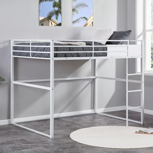 Metal Loft Bed Frame Twin Size with Safety Guard Rails & Built-in Ladder, Black C7852