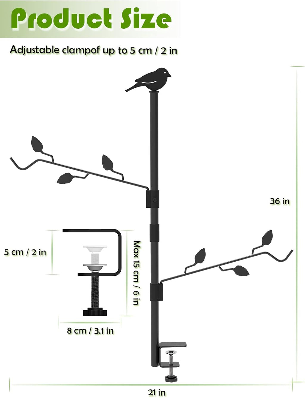 Deck Bird Feeder Pole with 2 Adjustable Branches for Porch Railing Balcony A537553