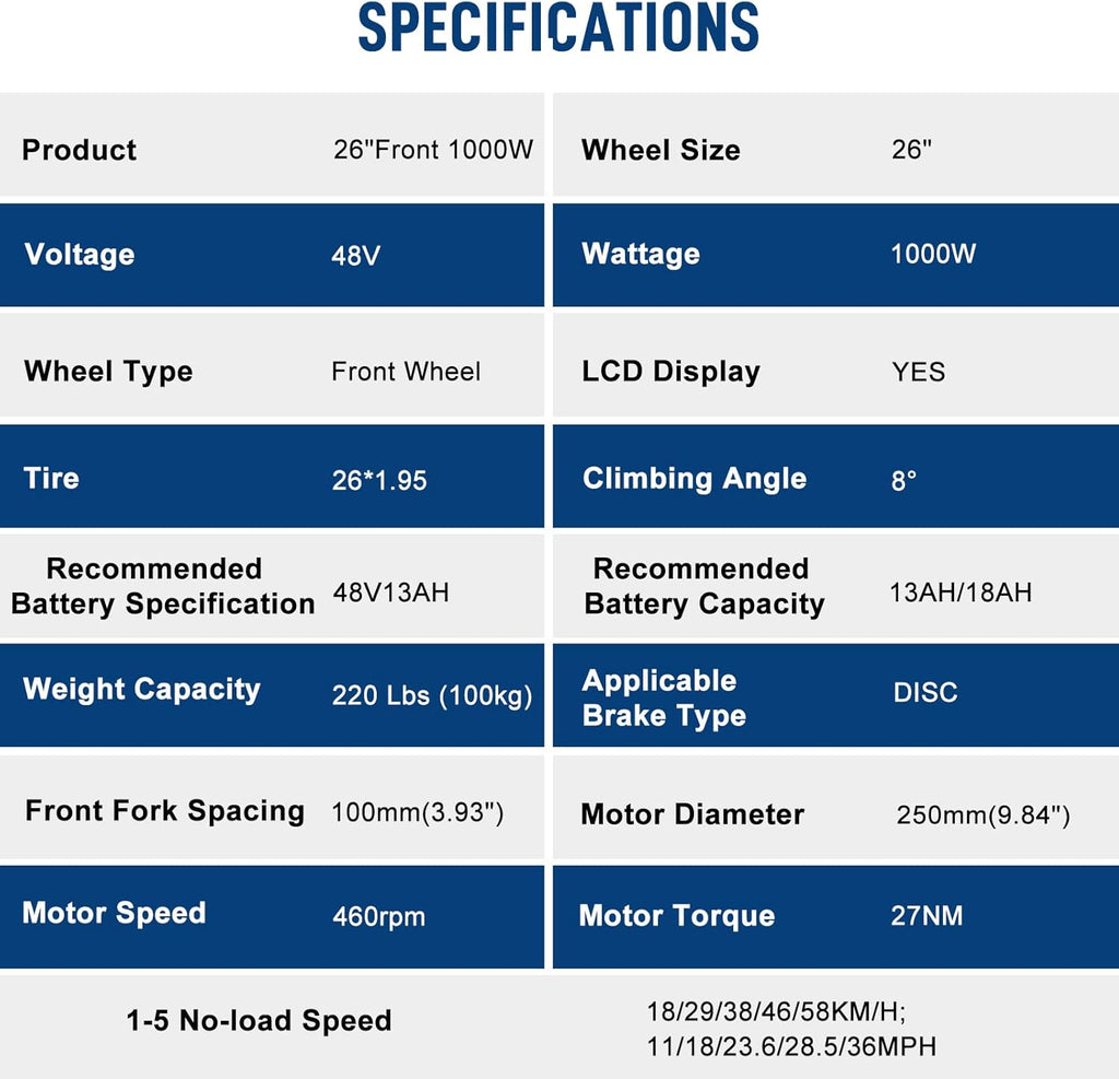 26" 48V 1000W Electric Fat Bike Conversion Kit Rear Wheel with LCD Display U30941
