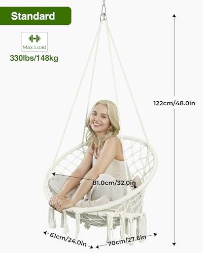 Greenstell Hammock Chair, Macrame Swing Chair with Cushion, Indoor & Outdoor, Beige G7957