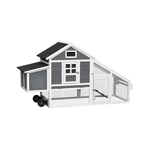 Movable Chicken Coop with Wheels for 4-6 Chickens, Outdoor Wooden Hen House with Run and Nesting Box I1743