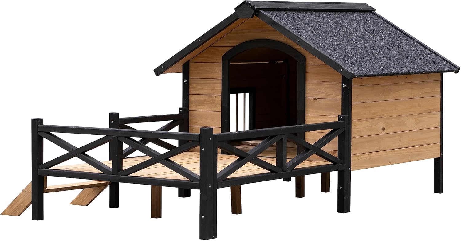 Rustic Wooden Dog Kennel with Porch, Outdoor Cabin Style, Kiln-Dried Fir Wood E59517