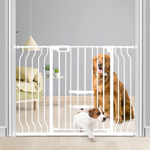 Newnice 2024 Baby Gate with Cat Door 29.9-48.8" Extra Wide, 33" Tall Dog Gate for The House Doorways Stairs, Auto Close Walk Thru Safety Gate with Small Pet Door, Pressure Mounted Child Gate,White