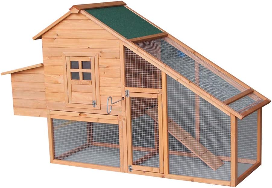 Outdoor Wooden Chicken Coop,Multi-Level Hen House, WaterproofPet Rabbit Hutch Chiken Coop Cage Hen House Poultry Cage with Ramps, Run, Nesting Box, Wire Fence (75‘’)