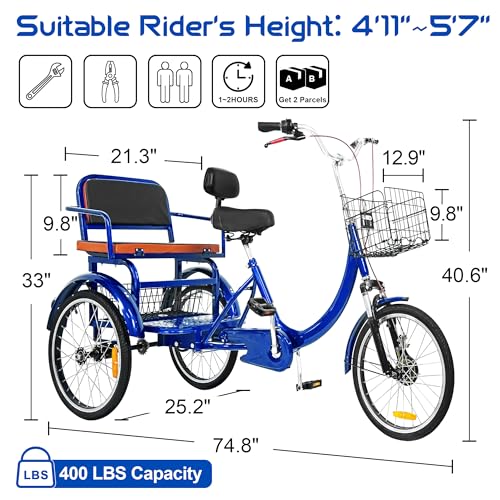 MOOITZ Adult Tricycle 20 Inch 3-Wheel Low Step-Through Cruiser Bike with Baskets X437