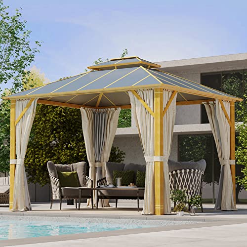 YOLENY 10' x 12' Hardtop Gazebo with Galvanized Steel Double Roof, Netting and Curtains Y84317