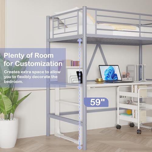 VECELO Loft Bed Twin Size Metal Frame with Ladder and Guardrail, Pink B728246