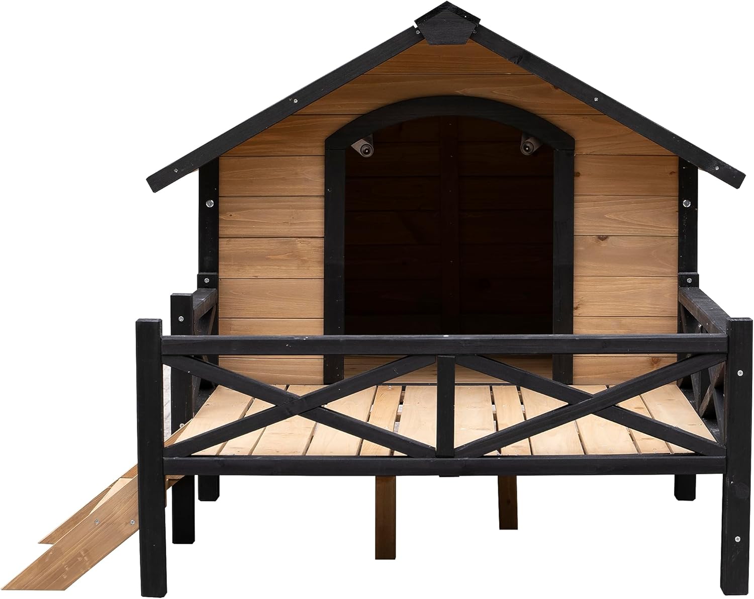 Rustic Wooden Dog Kennel with Porch, Outdoor Cabin Style, Kiln-Dried Fir Wood E59517