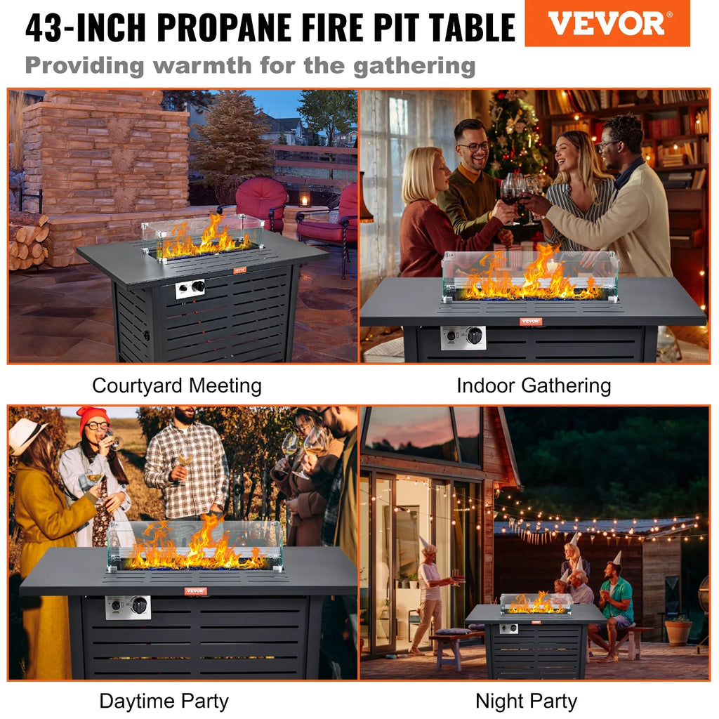 BENTISM 43" Outdoor Propane Gas Fire Pit Table with Glass Tabletop & Lid B2251
