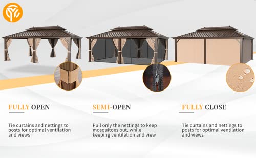YOLENY 10' x 12' Hardtop Gazebo with Galvanized Steel Double Roof, Netting and Curtains Y84317