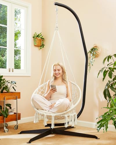 Greenstell Hammock Chair, Macrame Swing Chair with Cushion, Indoor & Outdoor, Beige G7957