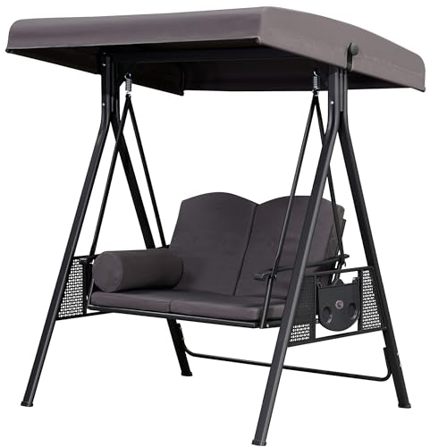 PURPLE LEAF Outdoor Patio Porch Swing with Adjustable Canopy, 3-Seat Bench, Grey W393