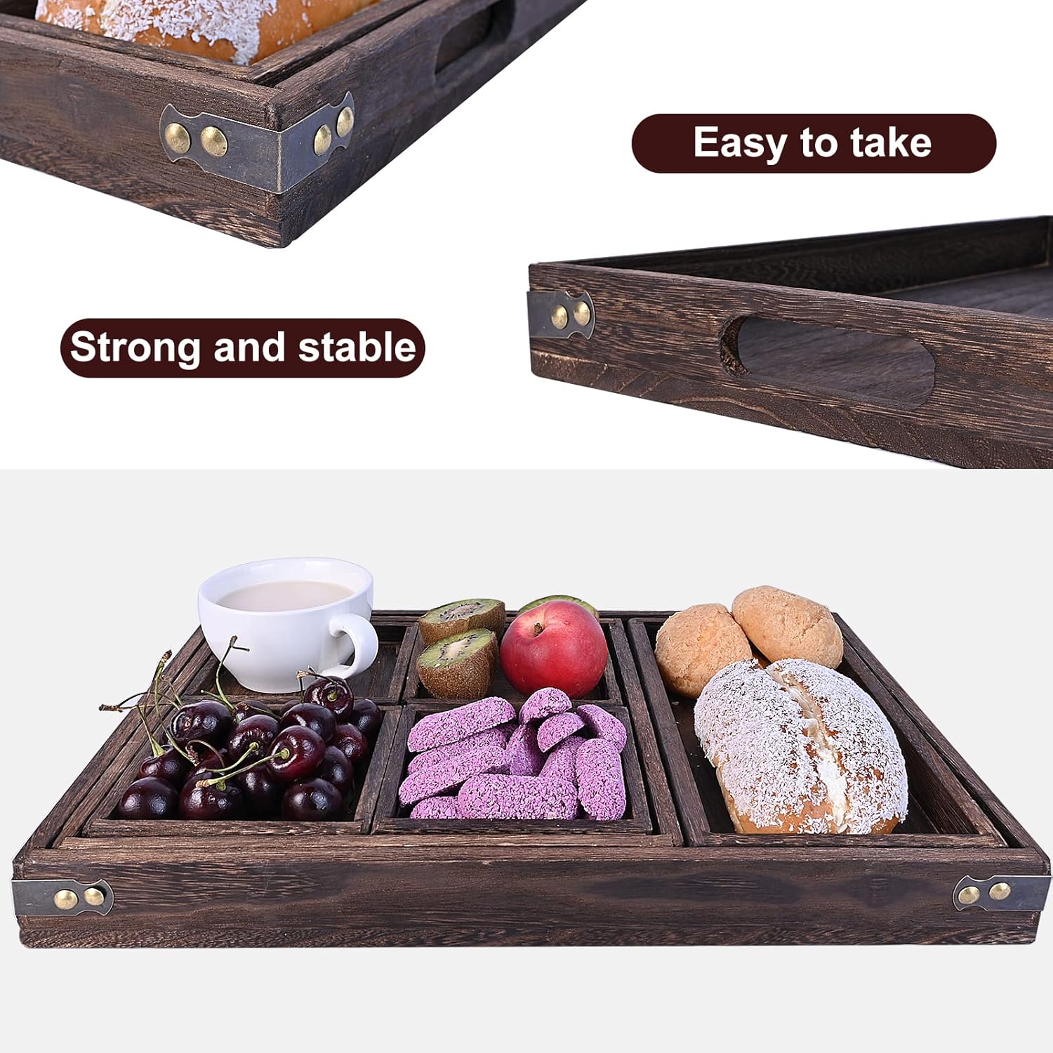 Wood Serving Tray with Handles, Set of 7 Nesting Trays T138681