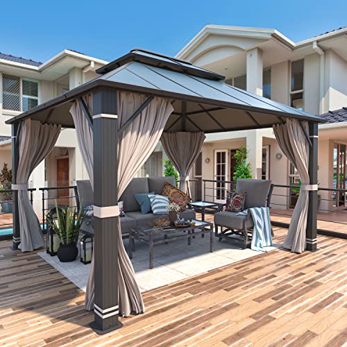 YOLENY 10' x 12' Hardtop Gazebo with Galvanized Steel Double Roof, Netting and Curtains Y84317