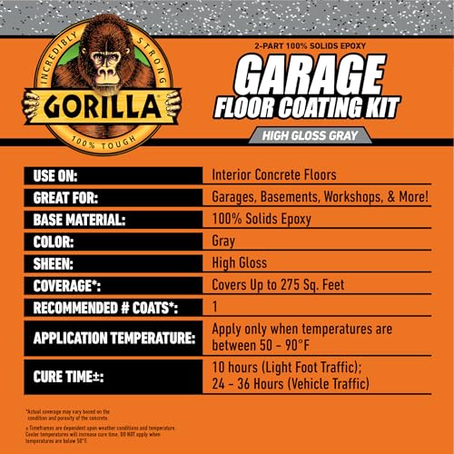 Gorilla Epoxy Garage Floor Coating Kit, 1-Car, High Gloss Gray, 275 sq ft T928