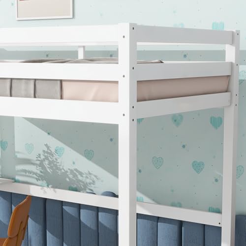 Twin Size Low Loft Bed with Ladder and Safety Guardrail, Solid Wood, White D5235