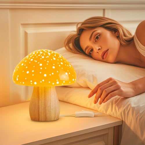 BOHON Mushroom Lamp, Ceramic Bedside Nightstand Light, Pink, LED Bulb Included T88188
