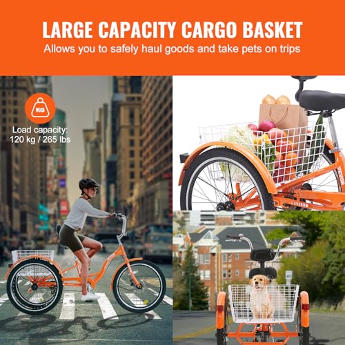 VEVOR Adult Tricycle 24 Inch 3-Wheel Aluminum Cruiser Bike with Basket, Orange B178