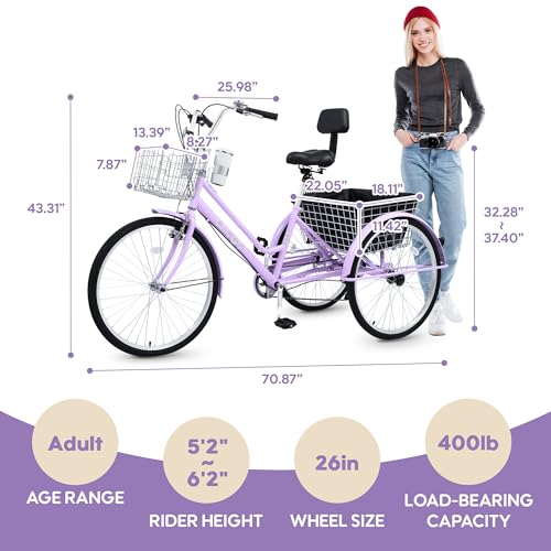 26 Inch 7 Speed Adult Tricycle, 3 Wheel Beach Cruiser Bike with Backrest and Baskets V183109