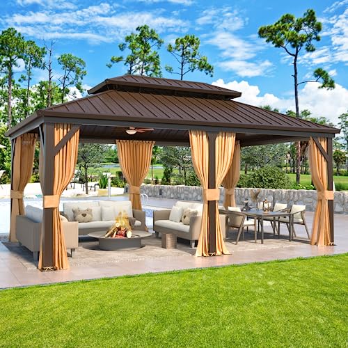 YOLENY 10' x 12' Hardtop Gazebo with Galvanized Steel Double Roof, Netting and Curtains Y84317