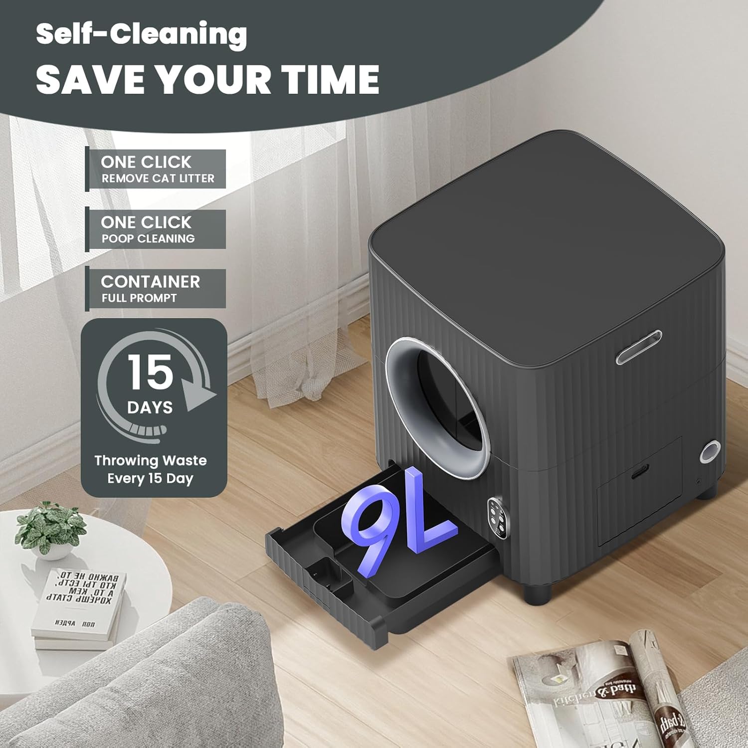 Charmkit Self Cleaning Cat Litter Box with APP Control, Black X403548