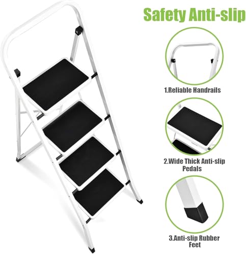 Soctone 2 Step Folding Ladder with Anti-Slip Pedal and Handrails, White V202