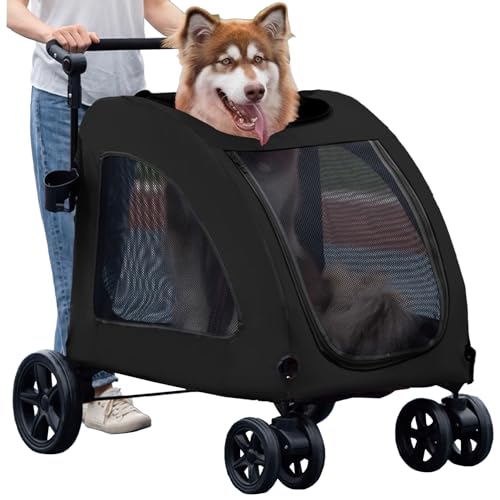 Large Dog Stroller, Removable Cushion Adjustable Handle Foldable 4 Wheel Pet Stroller, Front and Back Access to Dog Wagon for 180 lbs Large Dog or 2 Medium Dogs (Black)