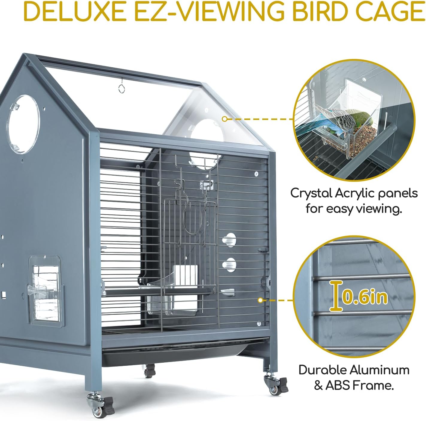 OIIBO Acrylic Bird Cage 25 Inch Rolling with Perch for Parrots Z921411