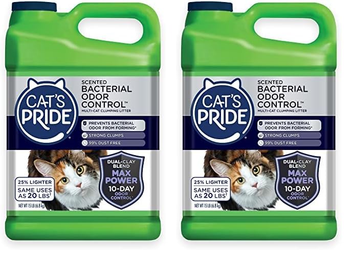 Cat's Pride Max Power: Total Odor Control - Up to 10 Days of Powerful Odor Control - Strong Clumping - Hypoallergenic - 99% Dust Free - Multi-Cat Litter, Unscented, 15 Pounds (Pack of 2)