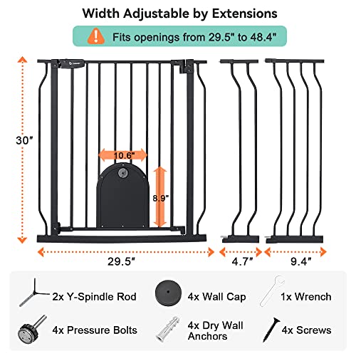 COMOMY Baby Gate with Adjustable Cat Door, Extra Wide Metal, Auto Close, 30" Tall, Black J721954