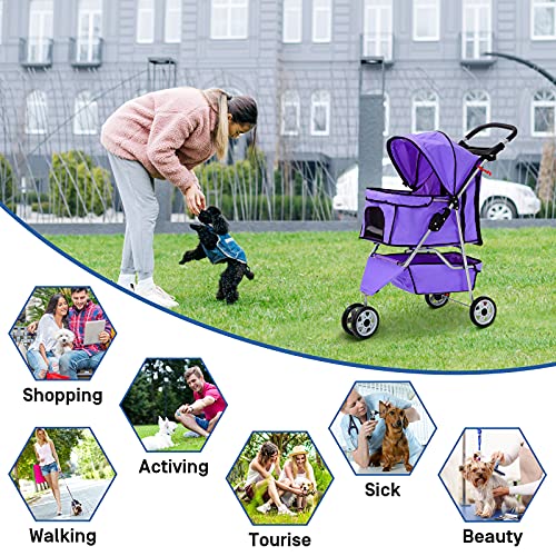 3 Wheels Pet Stroller for Dog Cat, Lightweight Foldable Jogger with Cup Holders, Pink K1046